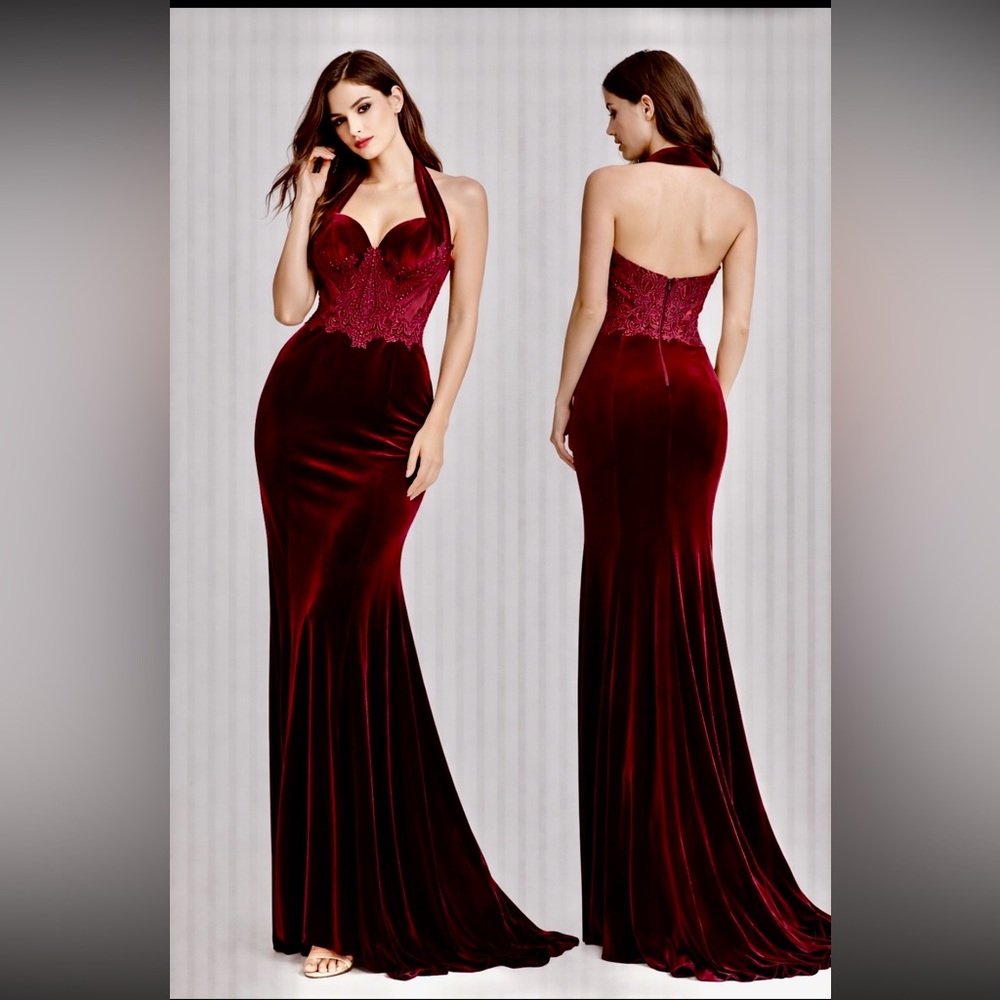 Elegant Velvet Halter Evening Dress in Burgundy